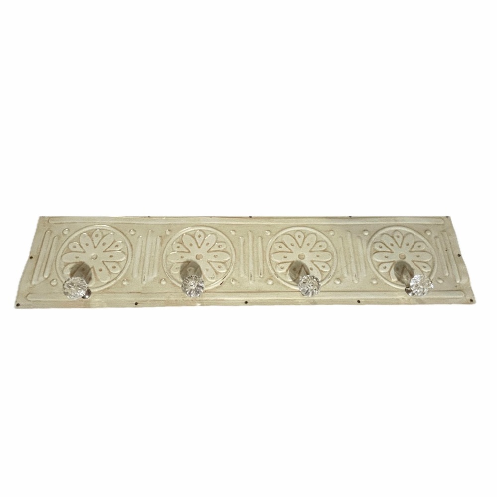 Vintage Style Embossed Antique White Metal Wall Rack Glass Knob Hangers. 24” - Picture 2 of 8